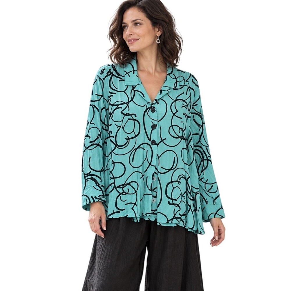 Habitat Blue Black Swirl Print  Tunic Top  Shirt Lagenlook Artsy XL